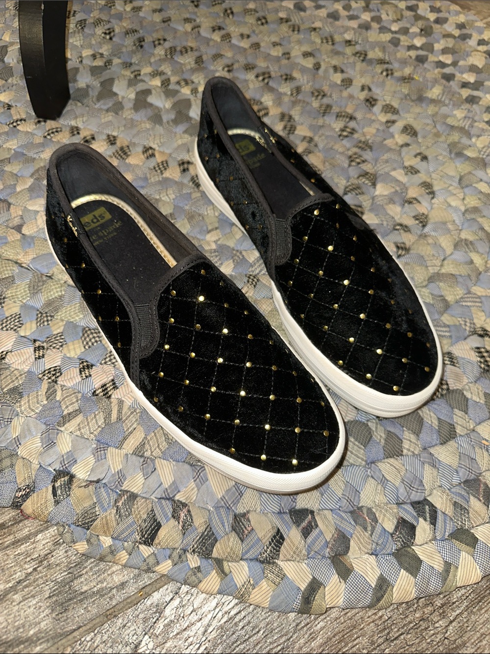 Black Quilted Velvet Slip-On Flats with Gold Stud Details